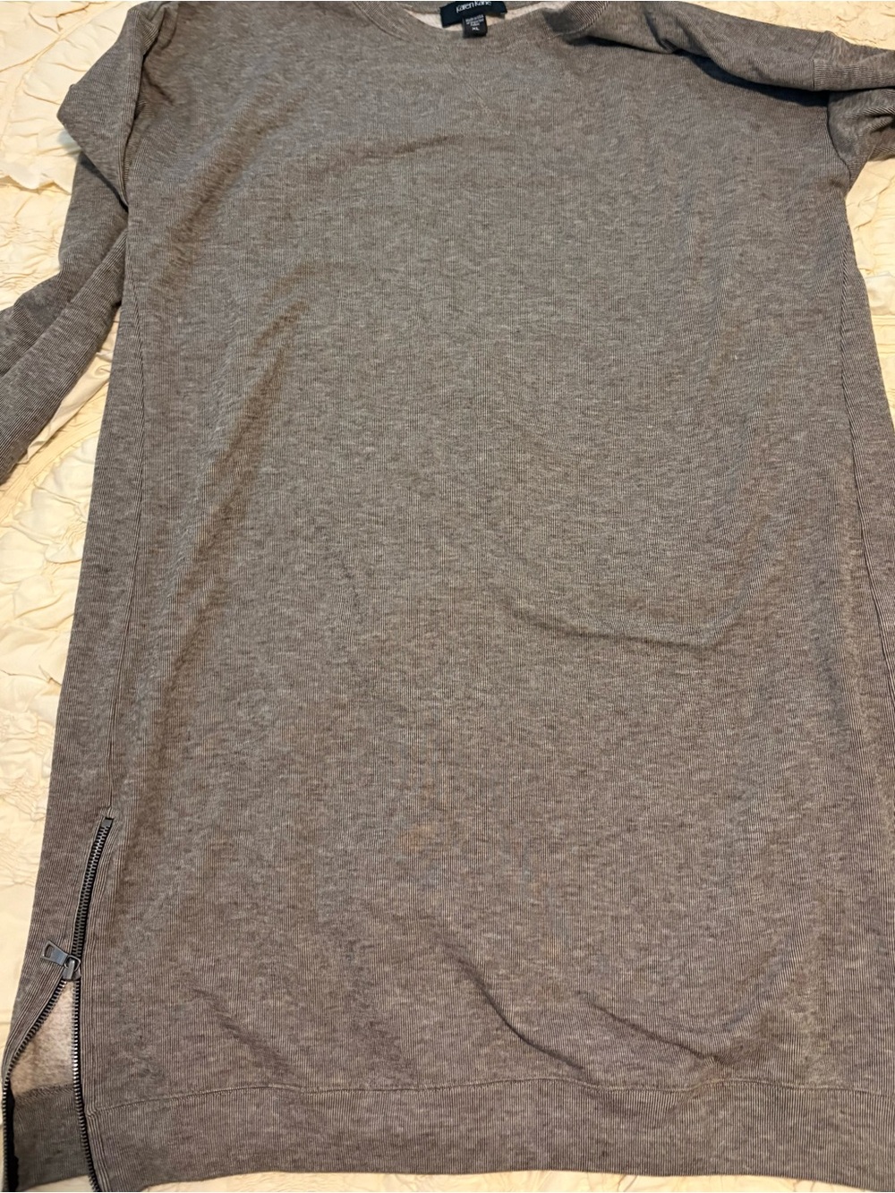 Karen Kane Heather Taupe Crewneck Midi-Dress/Tunic With Side Hem Zipper Detail